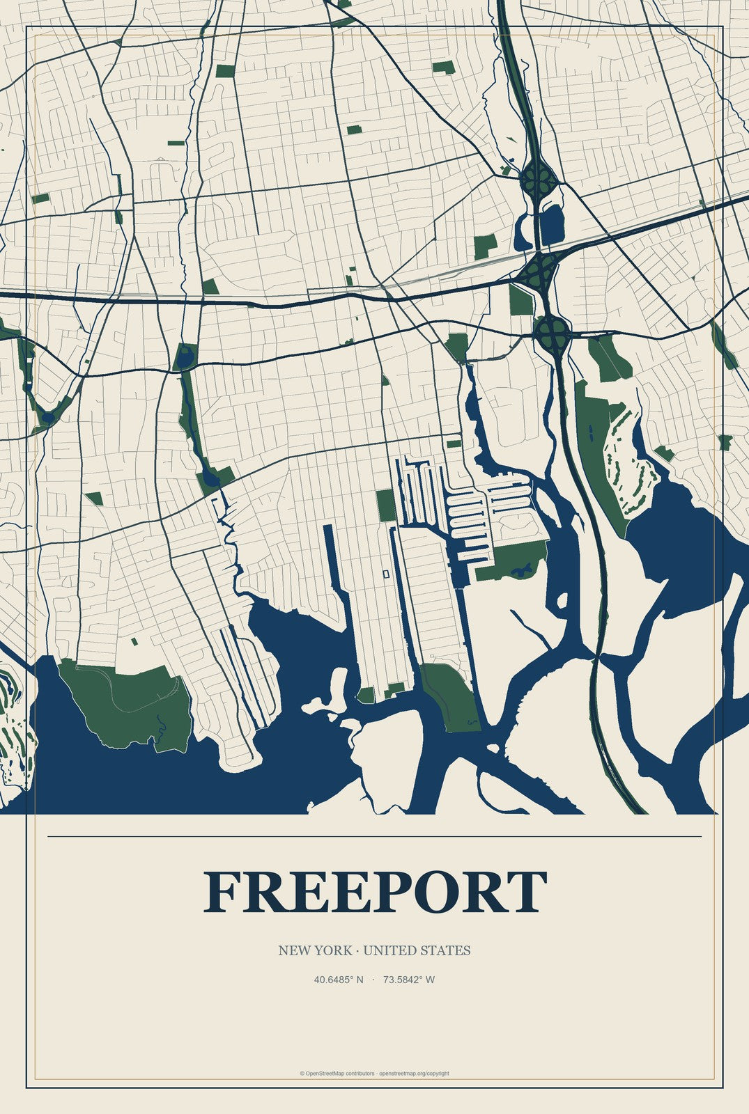Freeport, New York City Map Aluminum Sign in Coastal Cutout style