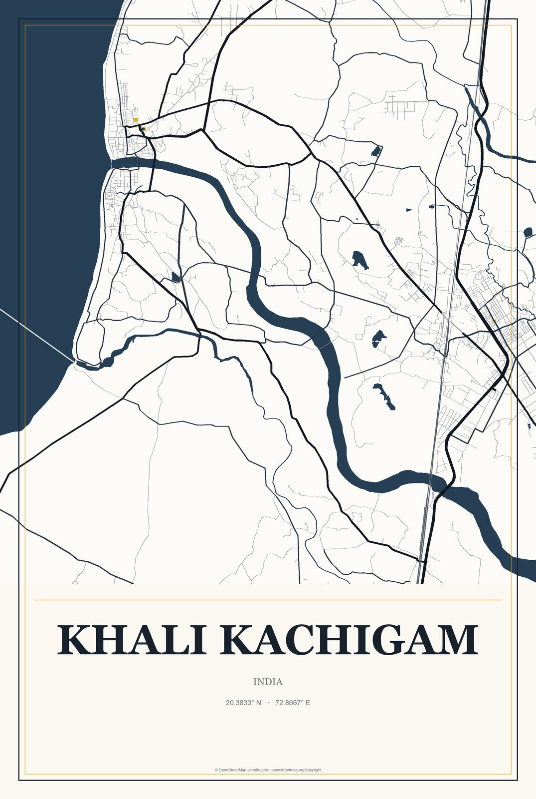 Khali Kachigam, India City Map Aluminum Sign in Citrine Modern style