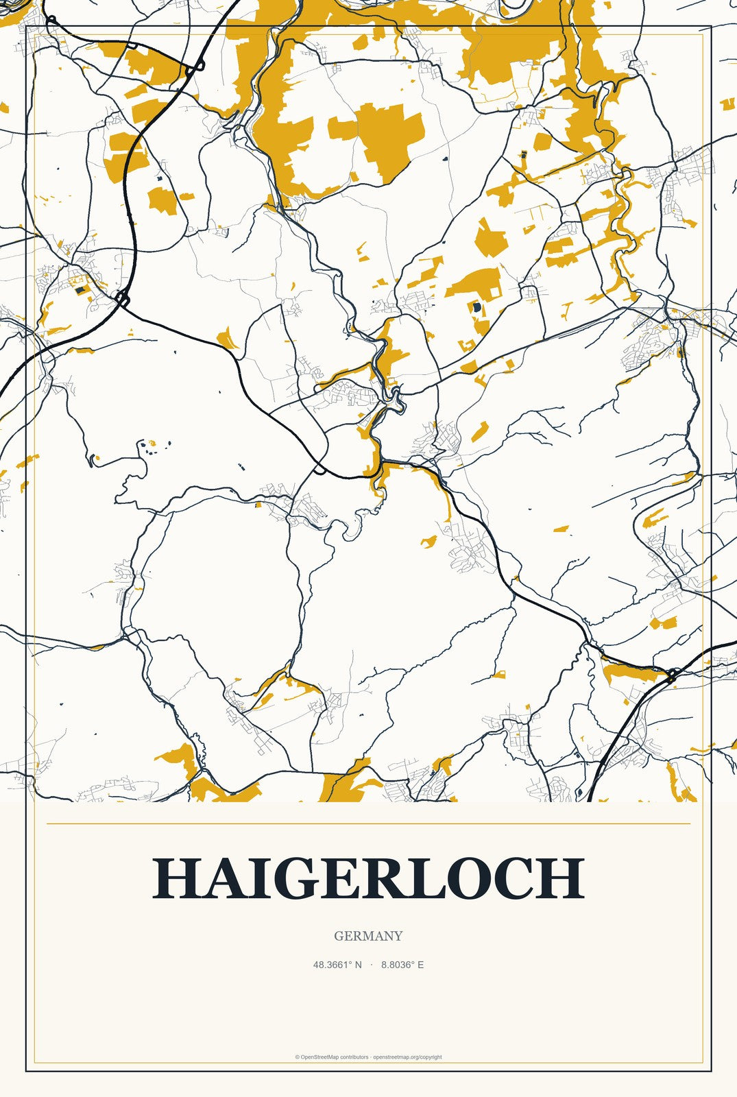 Haigerloch, Germany City Map Aluminum Sign in Citrine Modern style