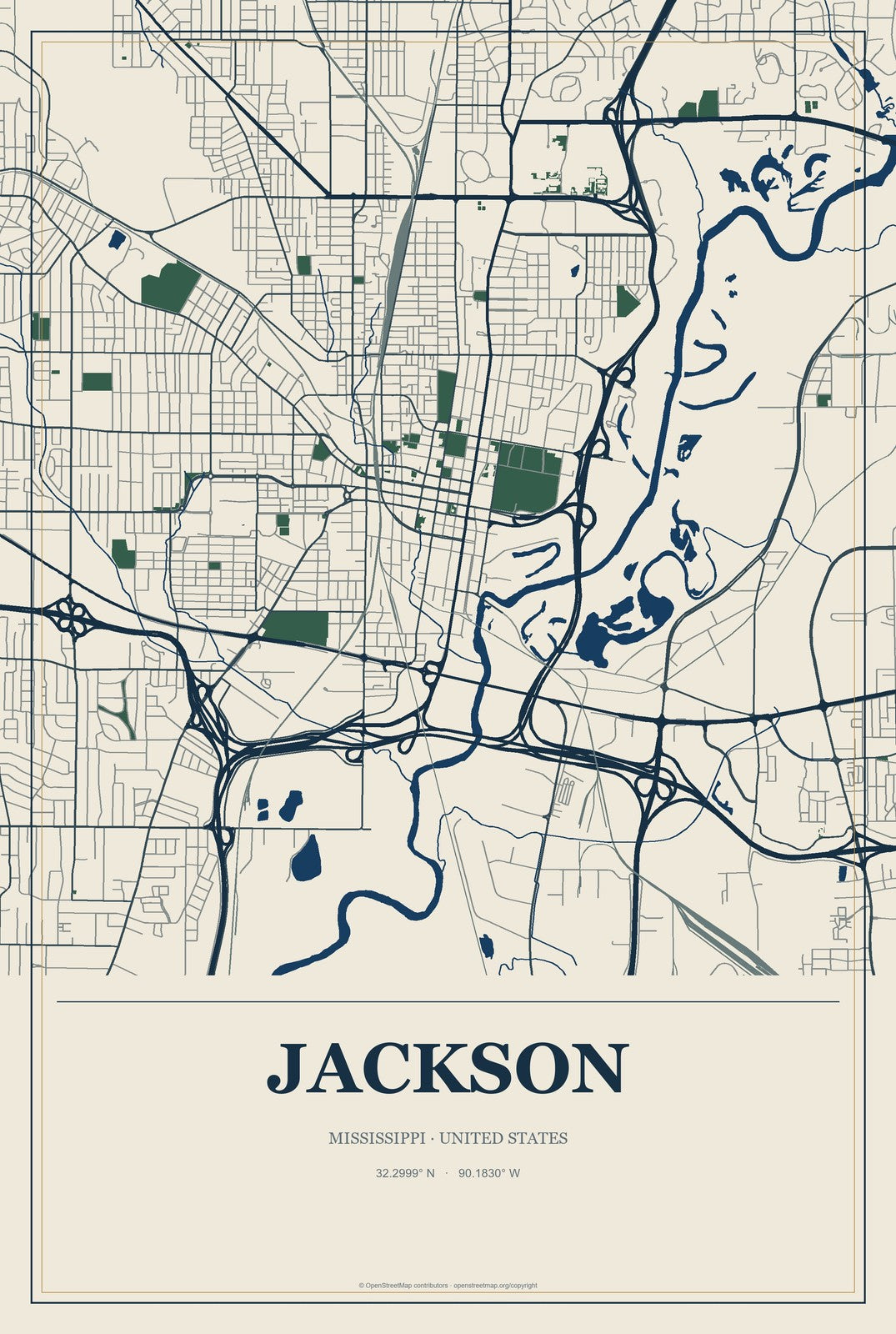 Jackson, Mississippi City Map Aluminum Sign in Coastal Cutout style