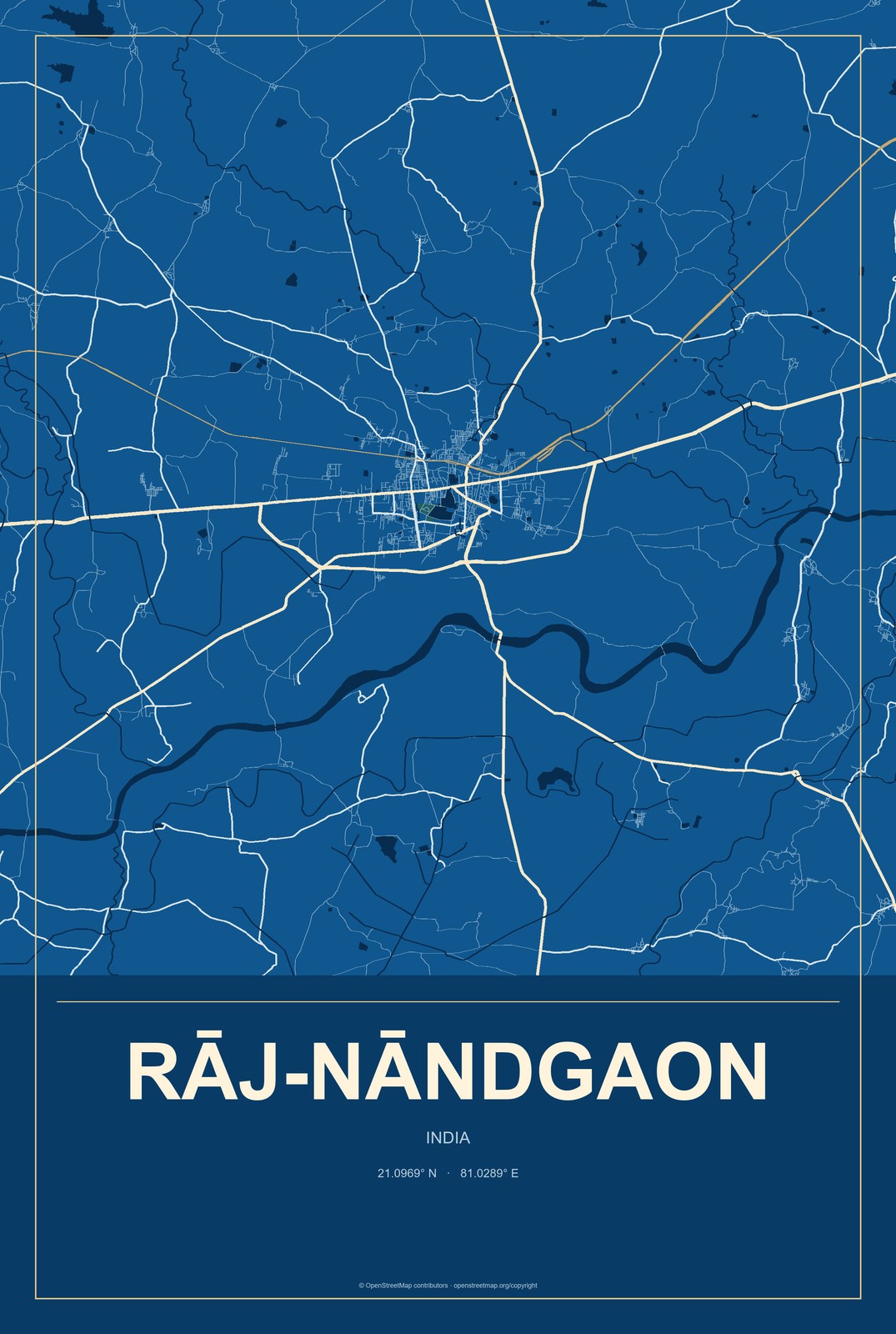 Rāj-Nāndgaon, India City Map Aluminum Sign in Harbor Cobalt style