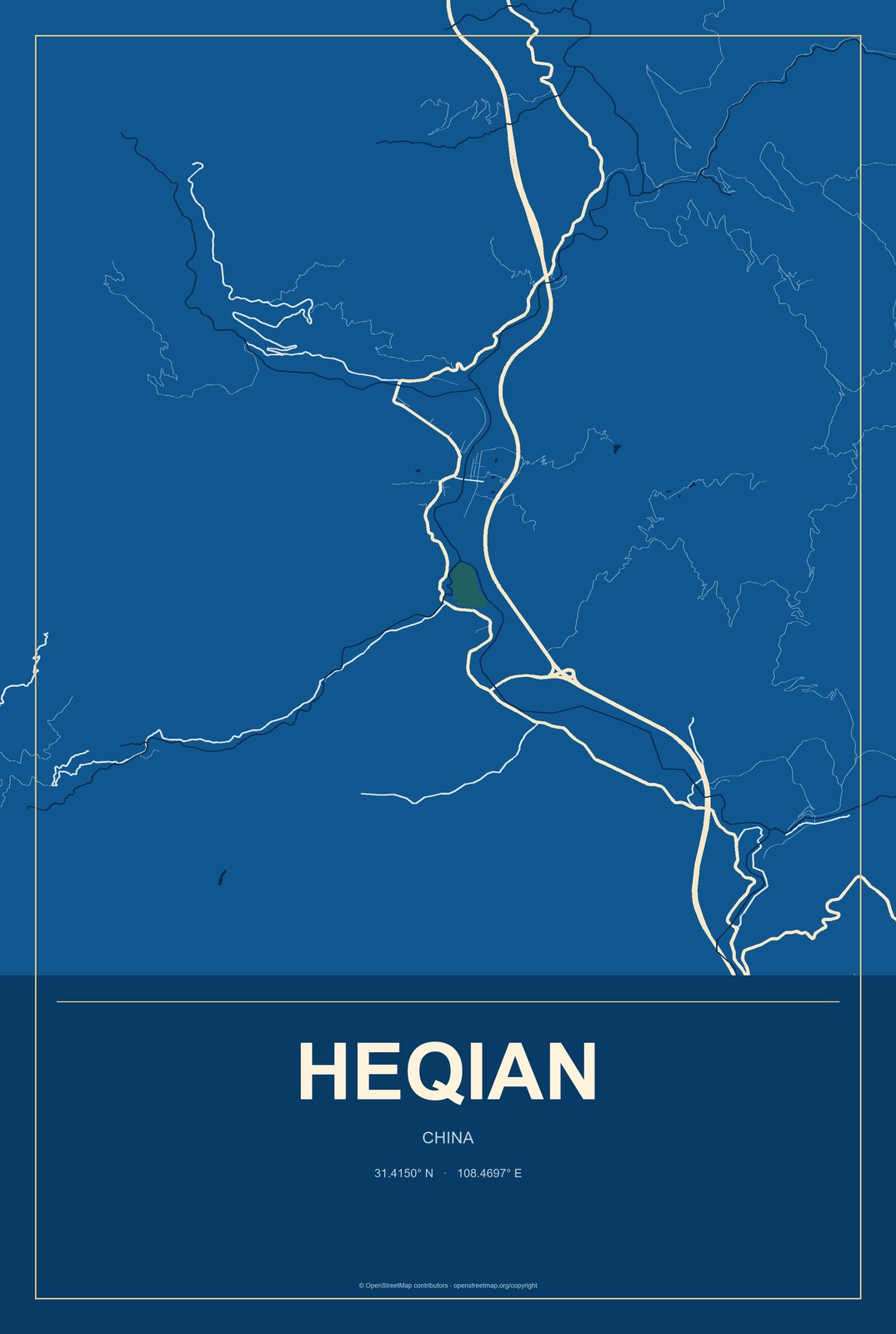 Heqian, China City Map Aluminum Sign in Harbor Cobalt style