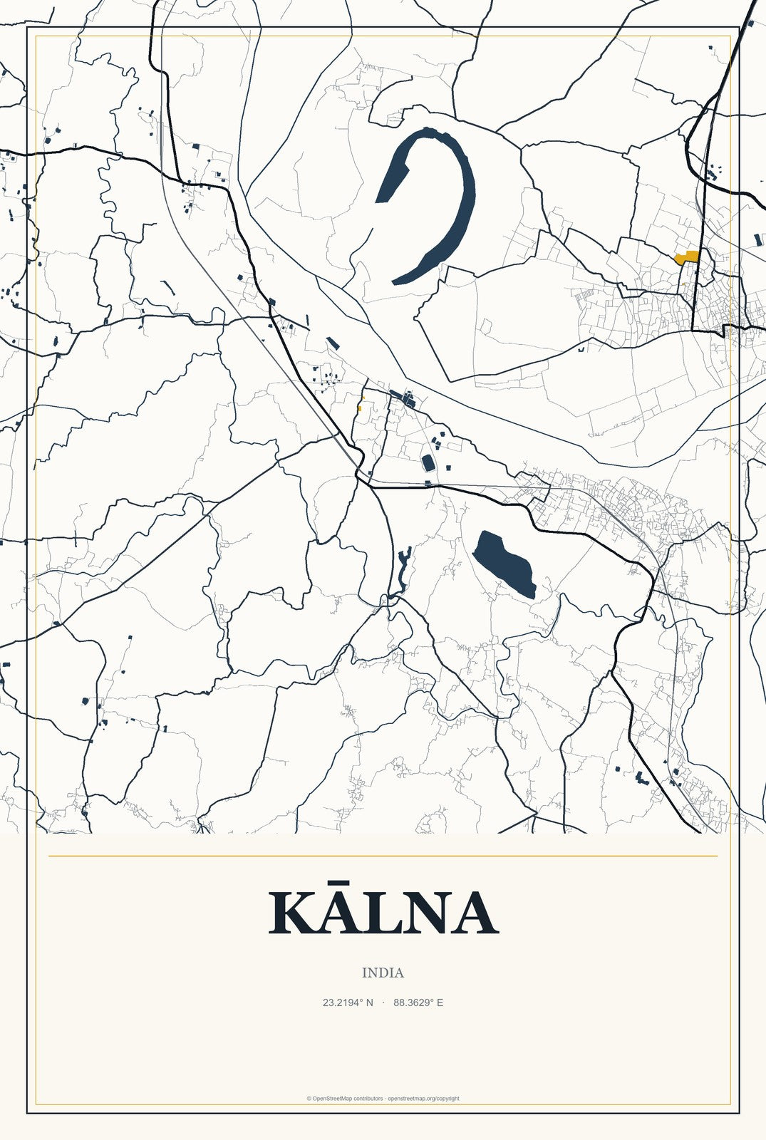 Kālna, India City Map Aluminum Sign in Citrine Modern style
