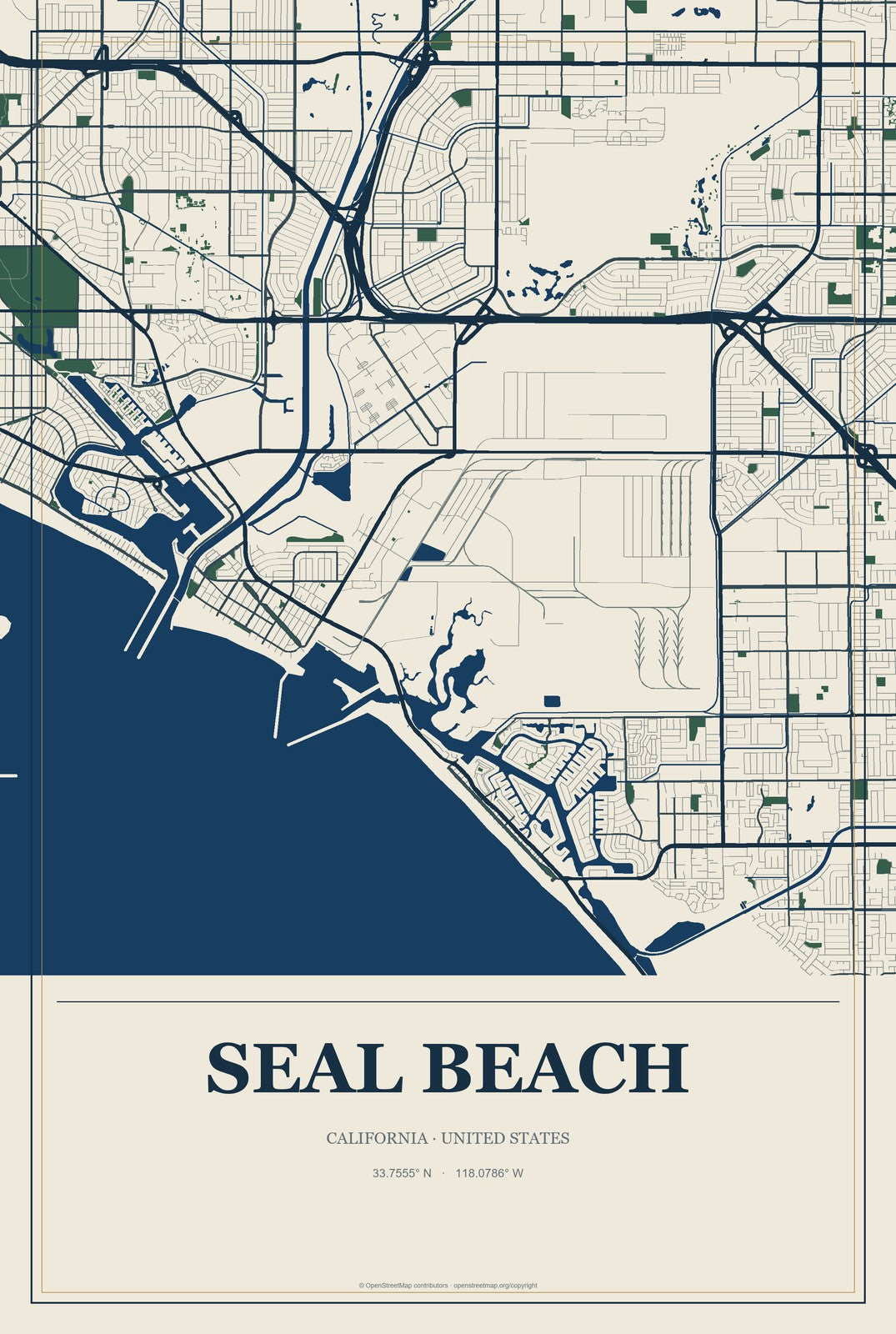 Seal Beach, California City Map Aluminum Sign in Coastal Cutout style