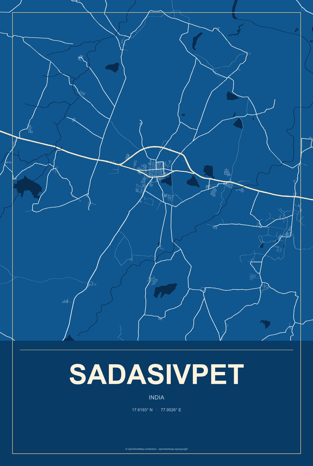 Sadasivpet, India City Map Aluminum Sign in Harbor Cobalt style