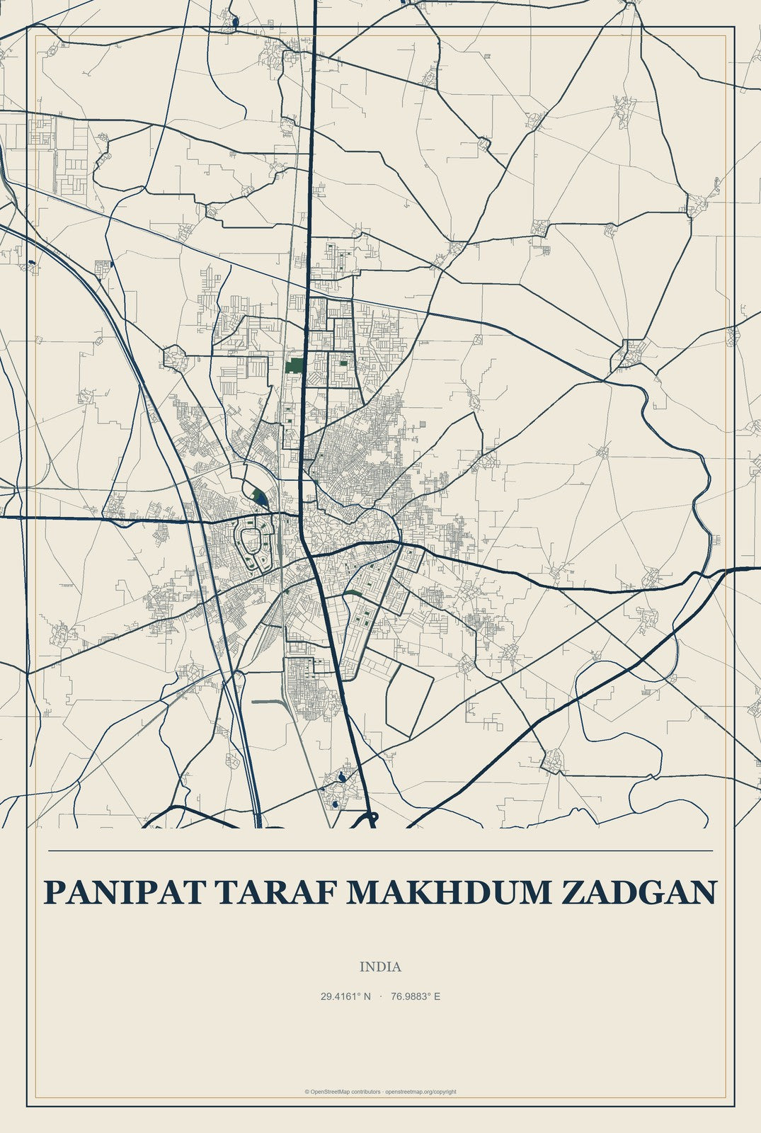 Panipat Taraf Makhdum Zadgan, India City Map Aluminum Sign in Coastal Cutout style