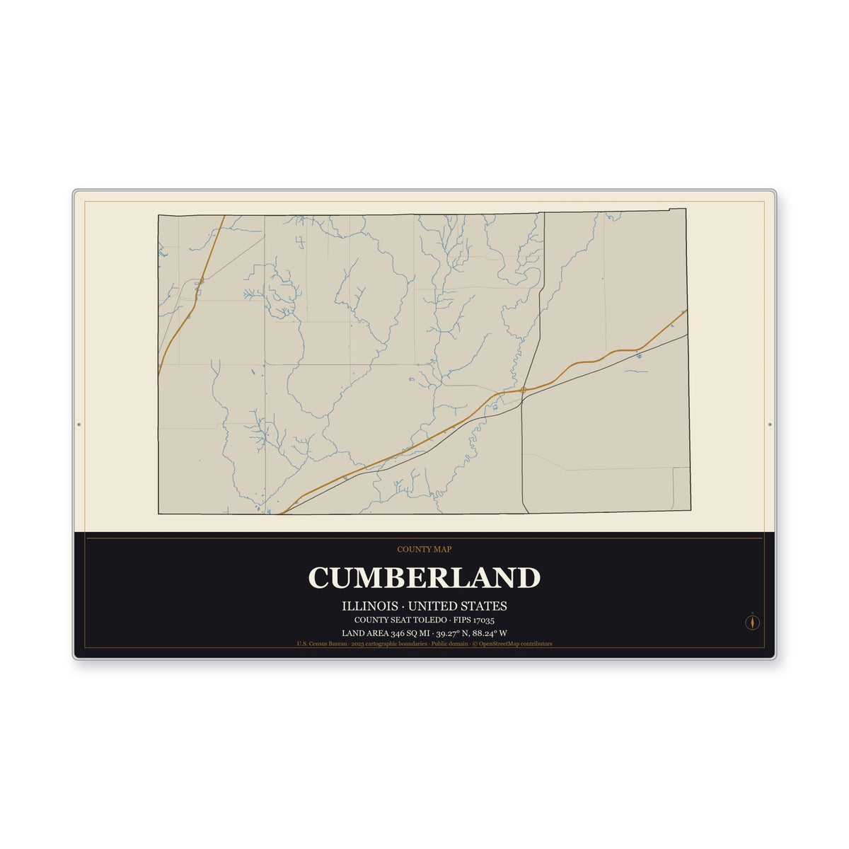 Cumberland County, Illinois Map Aluminum Sign in Museum Plaque style