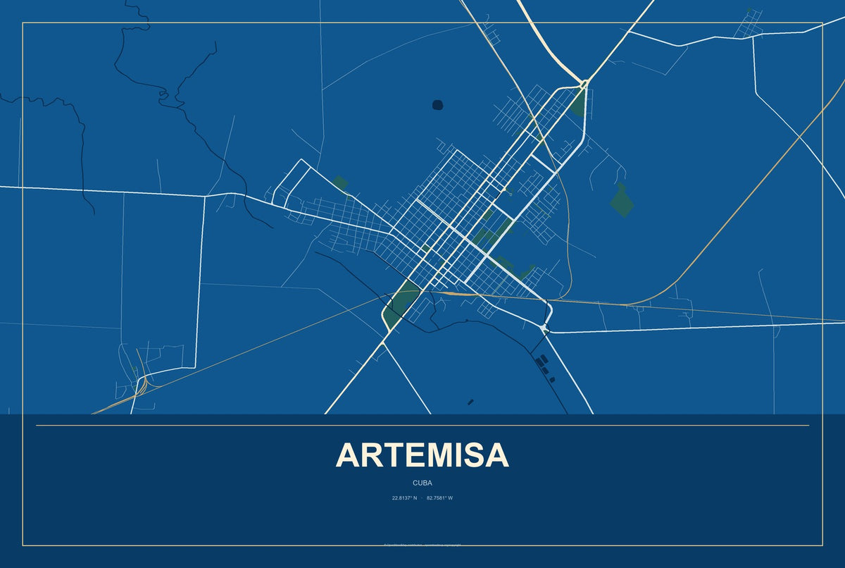 Artemisa, Cuba City Map Aluminum Sign in Harbor Cobalt style