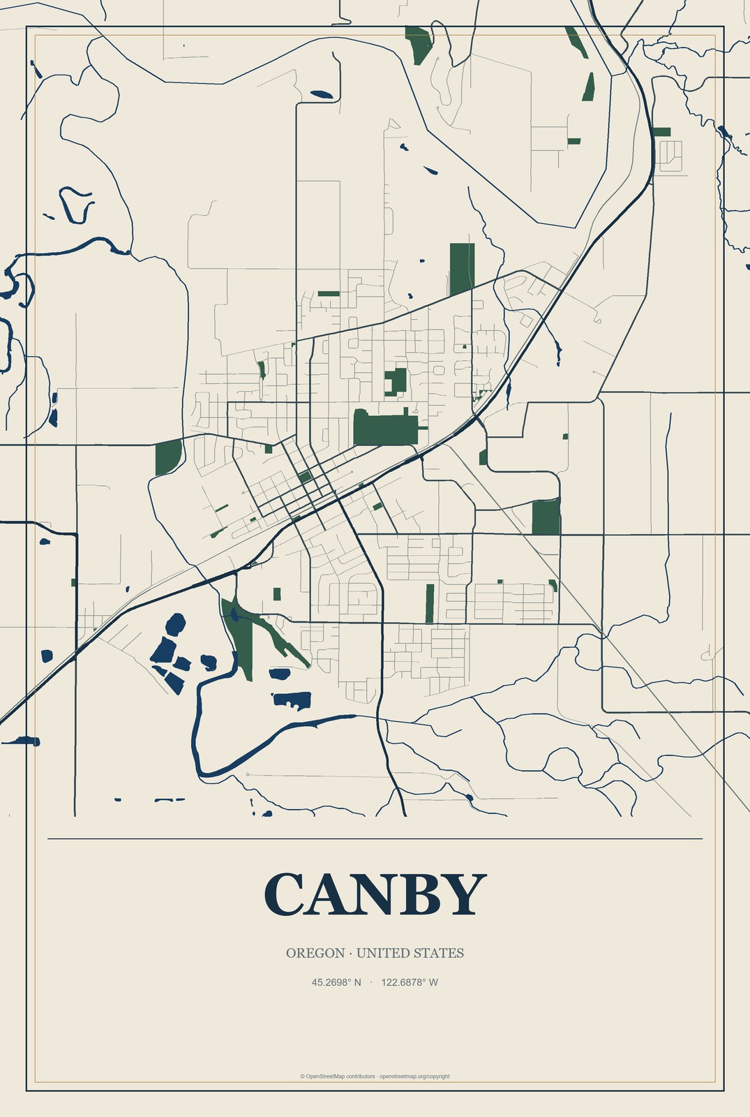 Canby, Oregon City Map Aluminum Sign in Coastal Cutout style