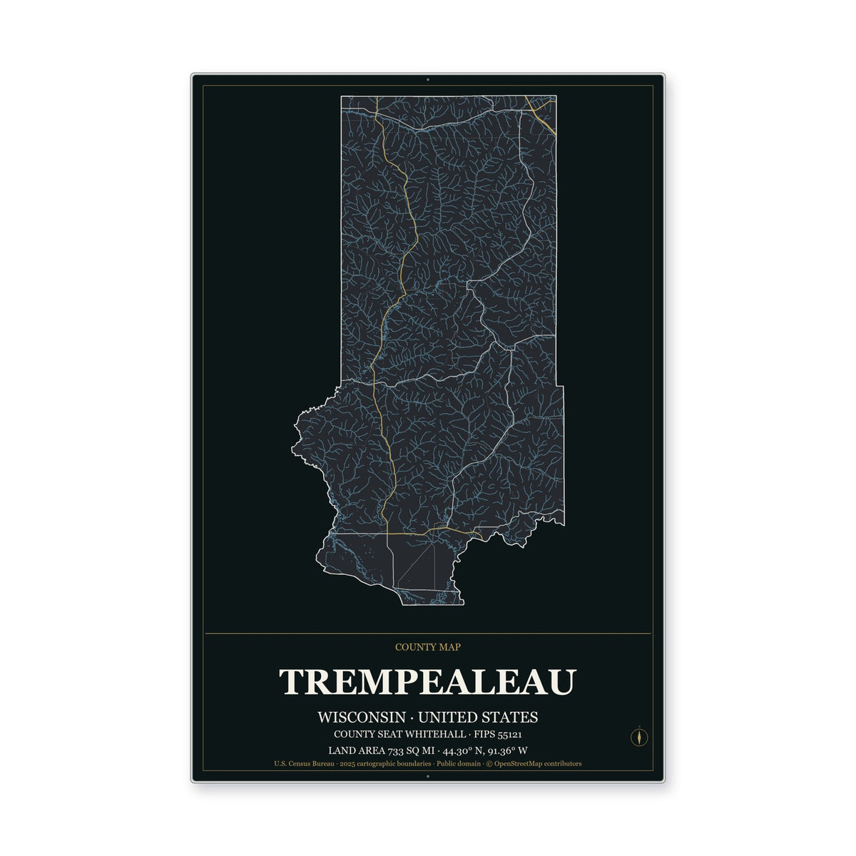 Trempealeau County, Wisconsin Map Aluminum Sign in Metropolitan Noir style