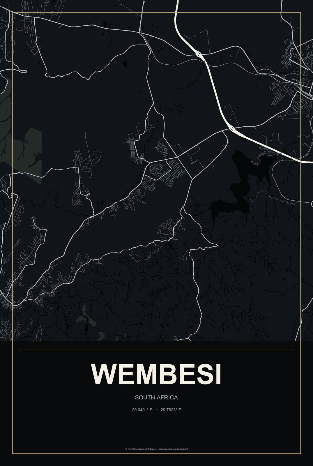 Wembesi, South Africa City Map Aluminum Sign in Metropolitan Noir style