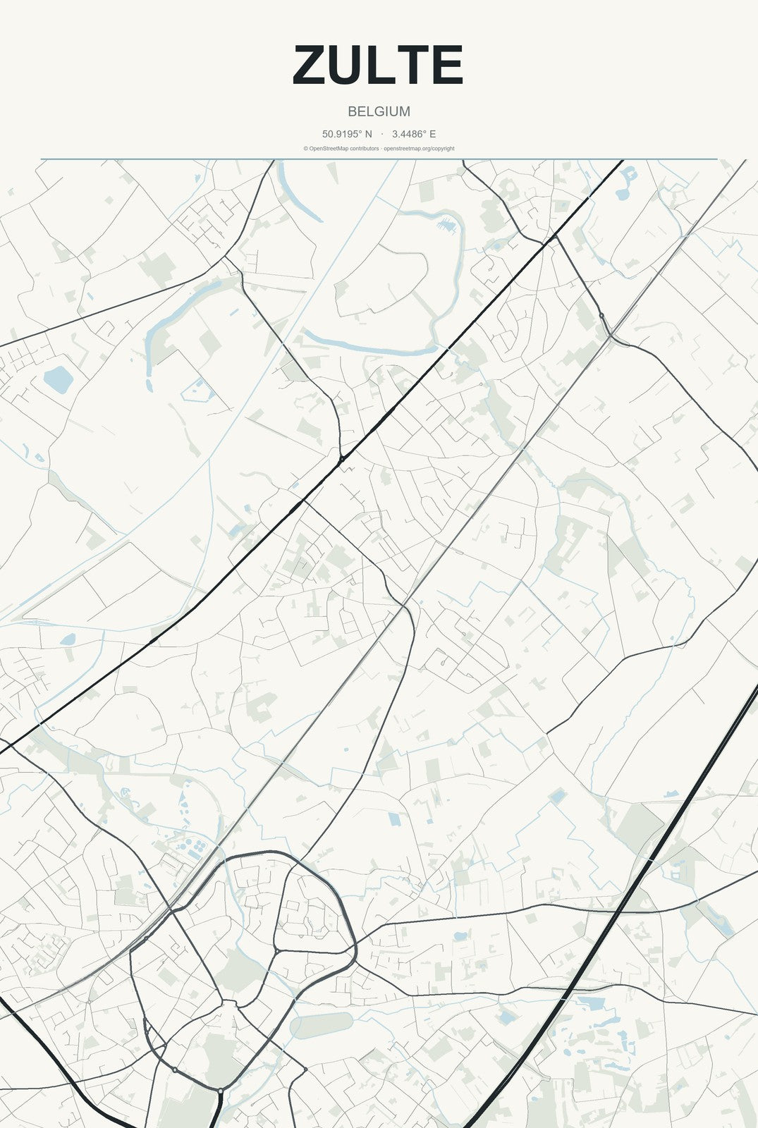 Zulte, Belgium City Map Aluminum Sign in Headline Atlas style