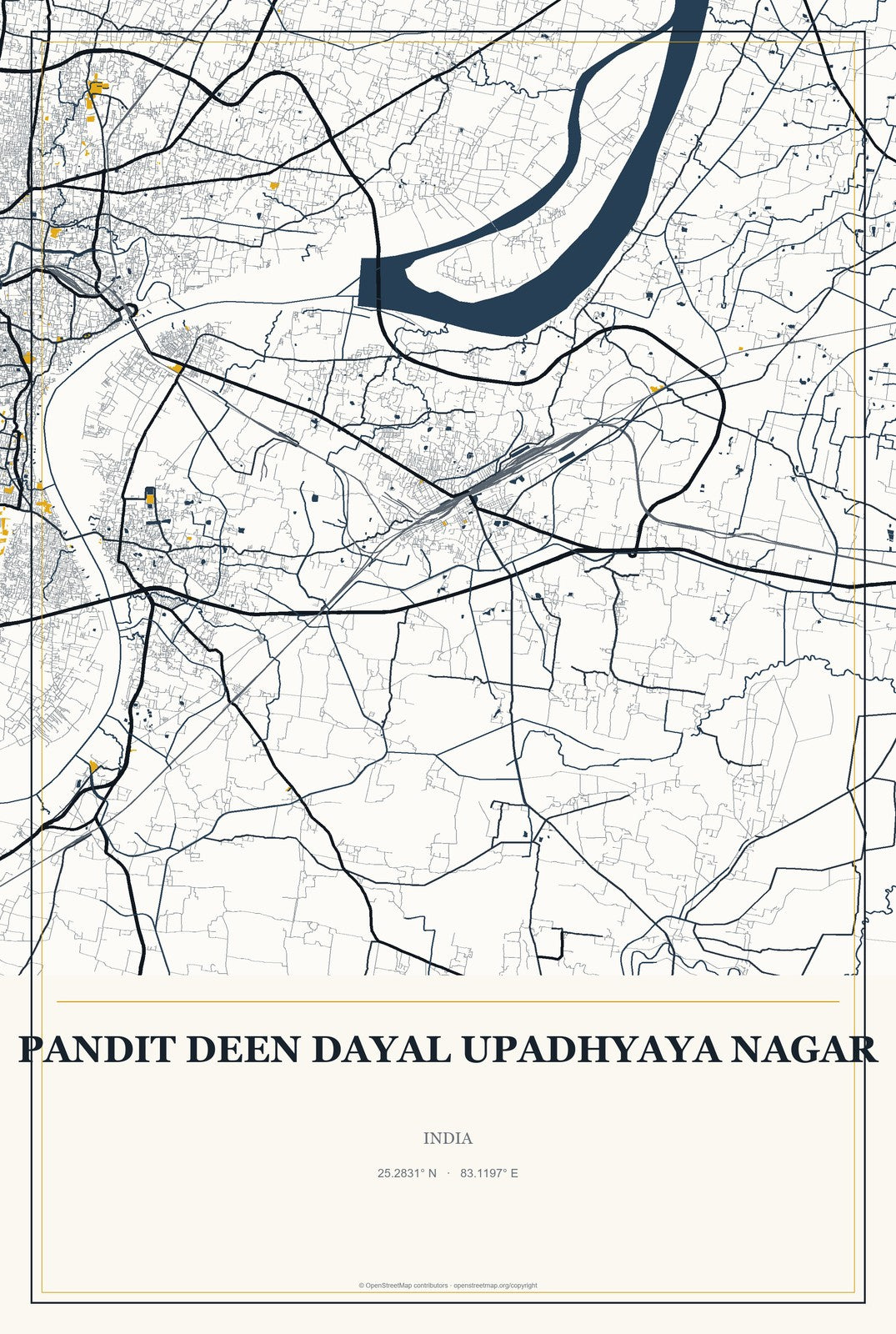 Pandit Deen Dayal Upadhyaya Nagar, India City Map Aluminum Sign in Citrine Modern style