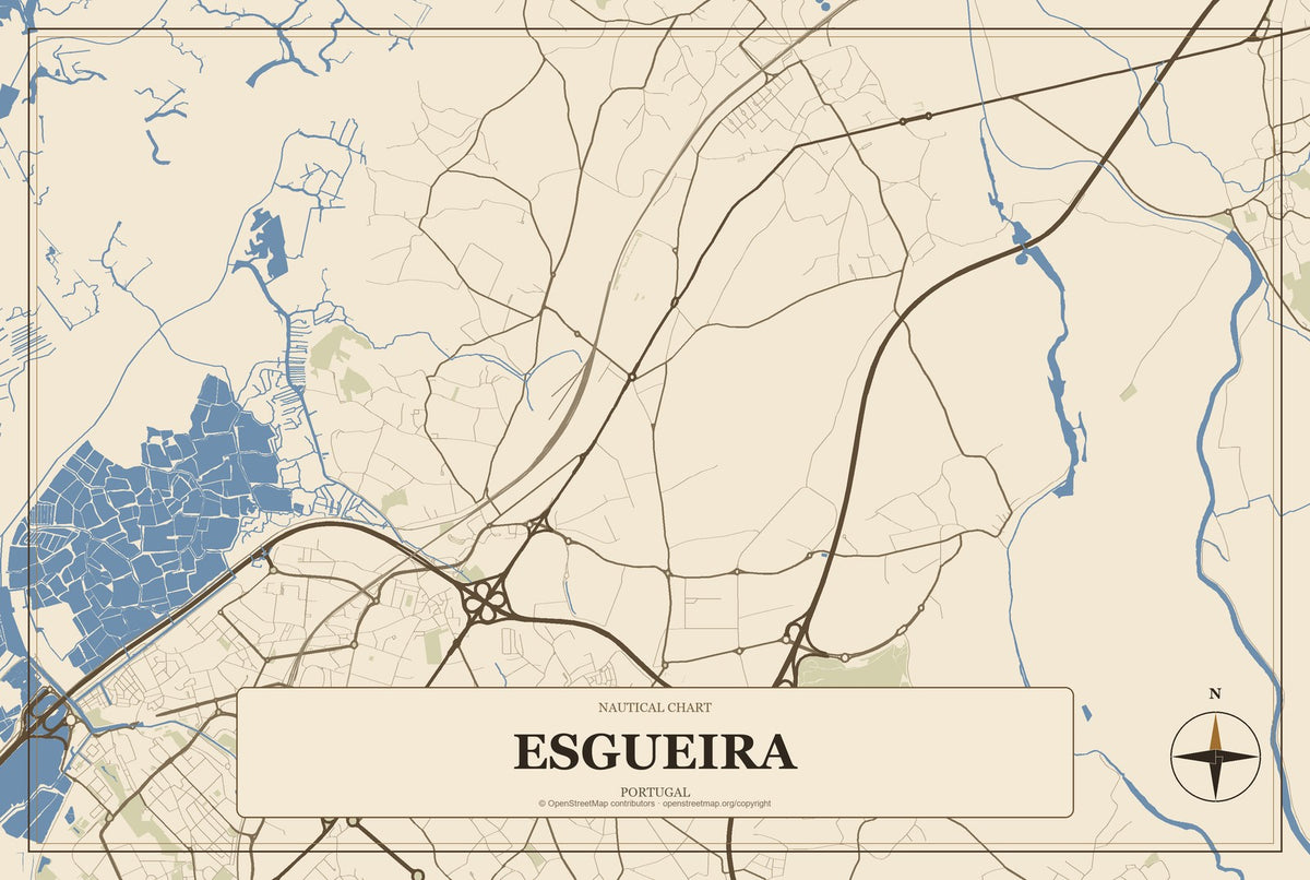 Esgueira, Portugal City Map Aluminum Sign in Heritage Nautical style