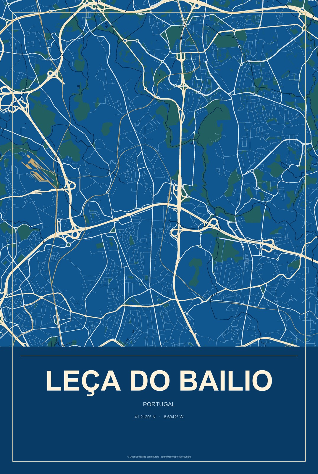 Leça do Bailio, Portugal City Map Aluminum Sign in Harbor Cobalt style