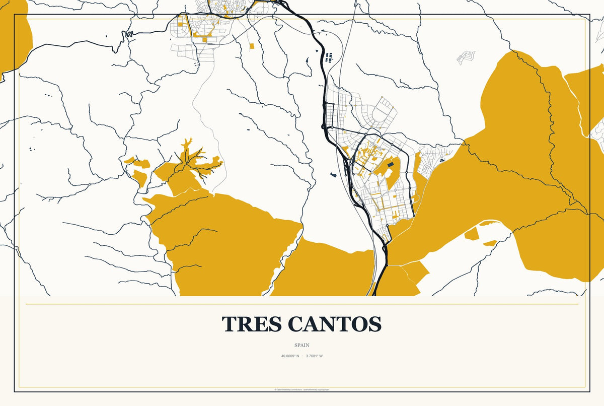 Tres Cantos, Spain City Map Aluminum Sign in Citrine Modern style