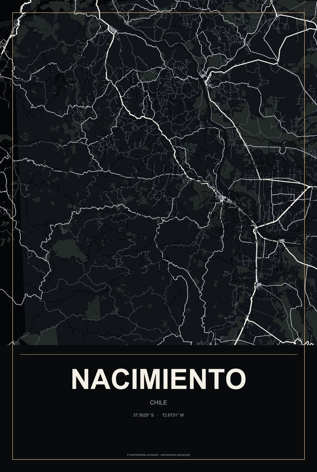 Nacimiento, Chile City Map Aluminum Sign in Metropolitan Noir style
