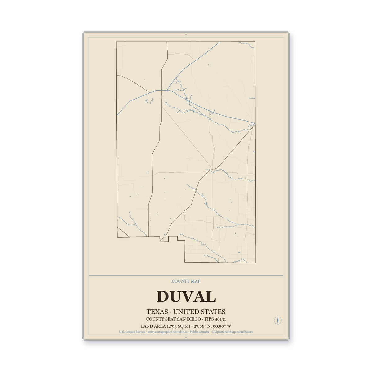 Duval County, Texas Map Aluminum Sign in Heritage Nautical style