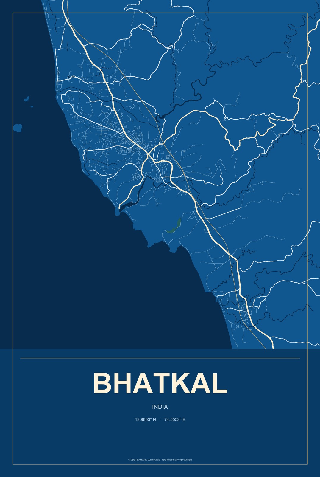 Bhatkal, India City Map Aluminum Sign in Harbor Cobalt style