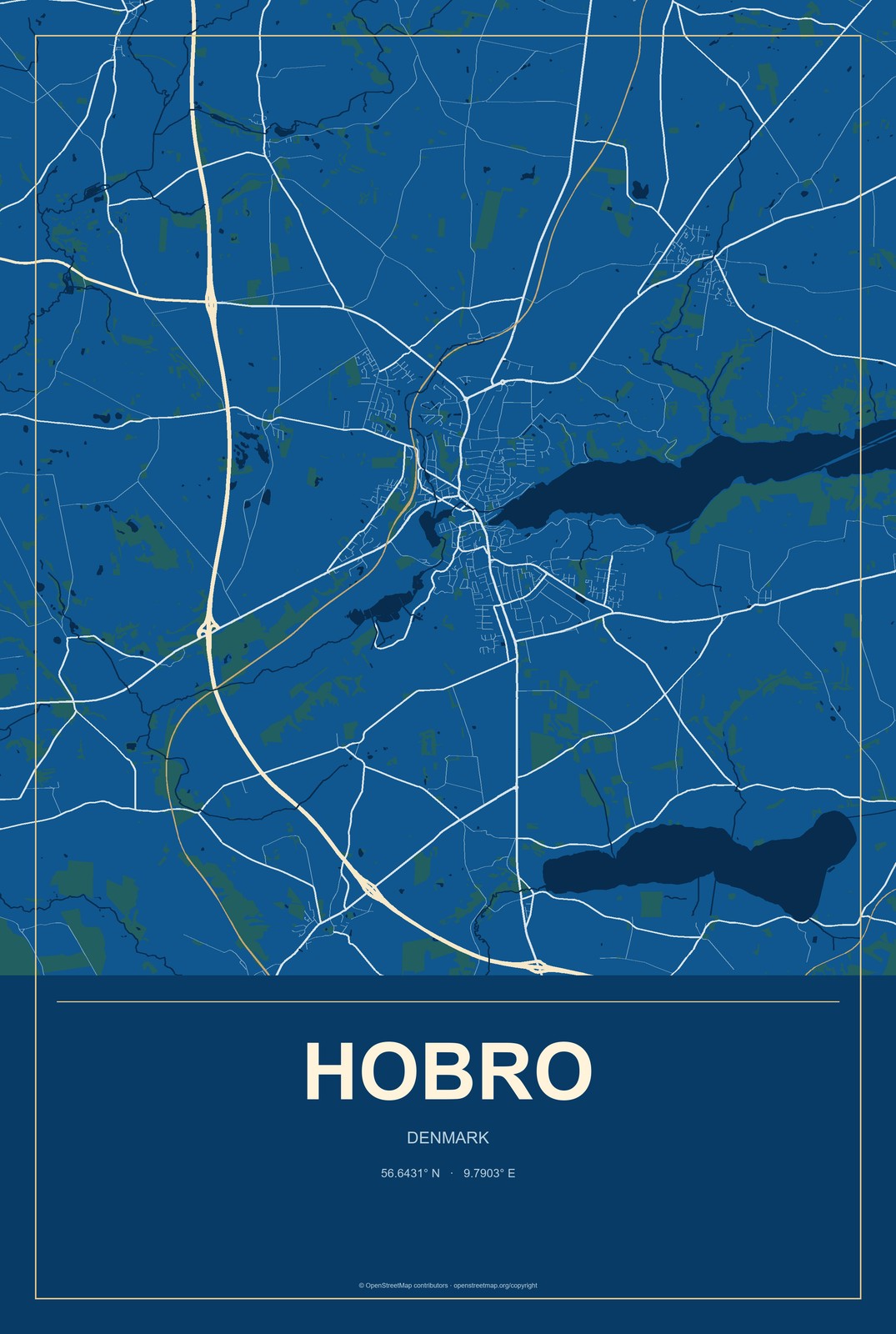 Hobro, Denmark City Map Aluminum Sign in Harbor Cobalt style
