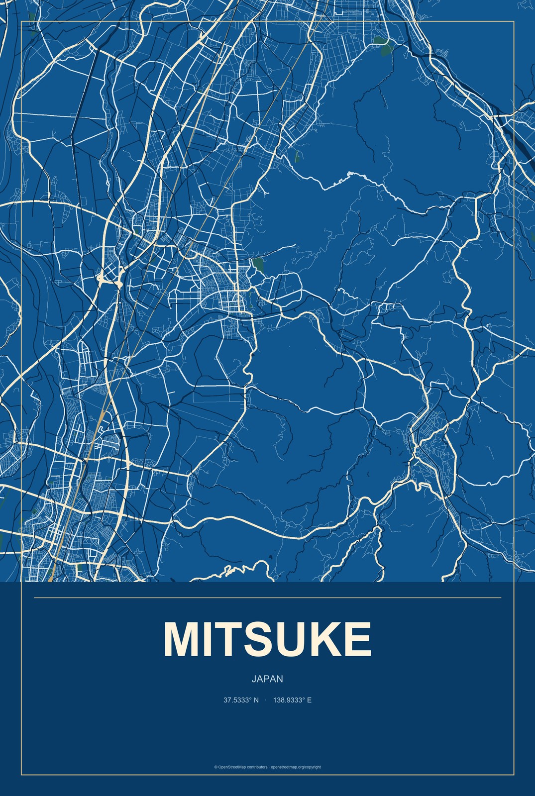 Mitsuke, Japan City Map Aluminum Sign in Harbor Cobalt style