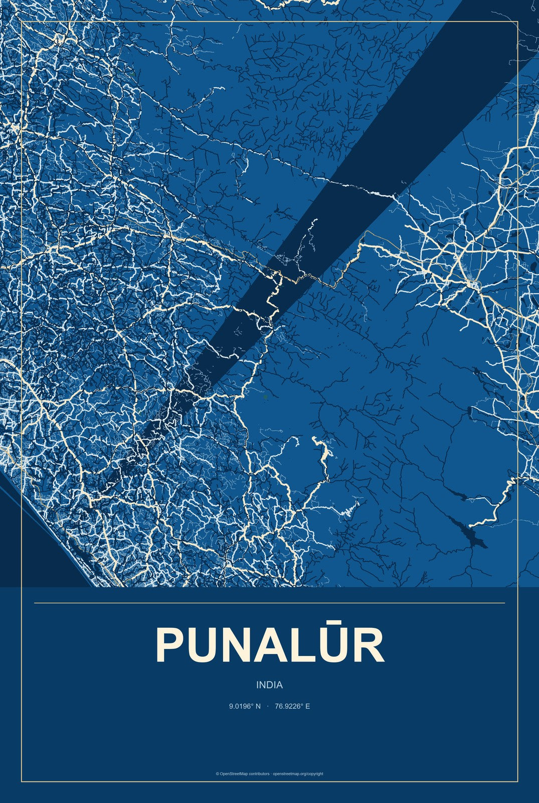 Punalūr, India City Map Aluminum Sign in Harbor Cobalt style