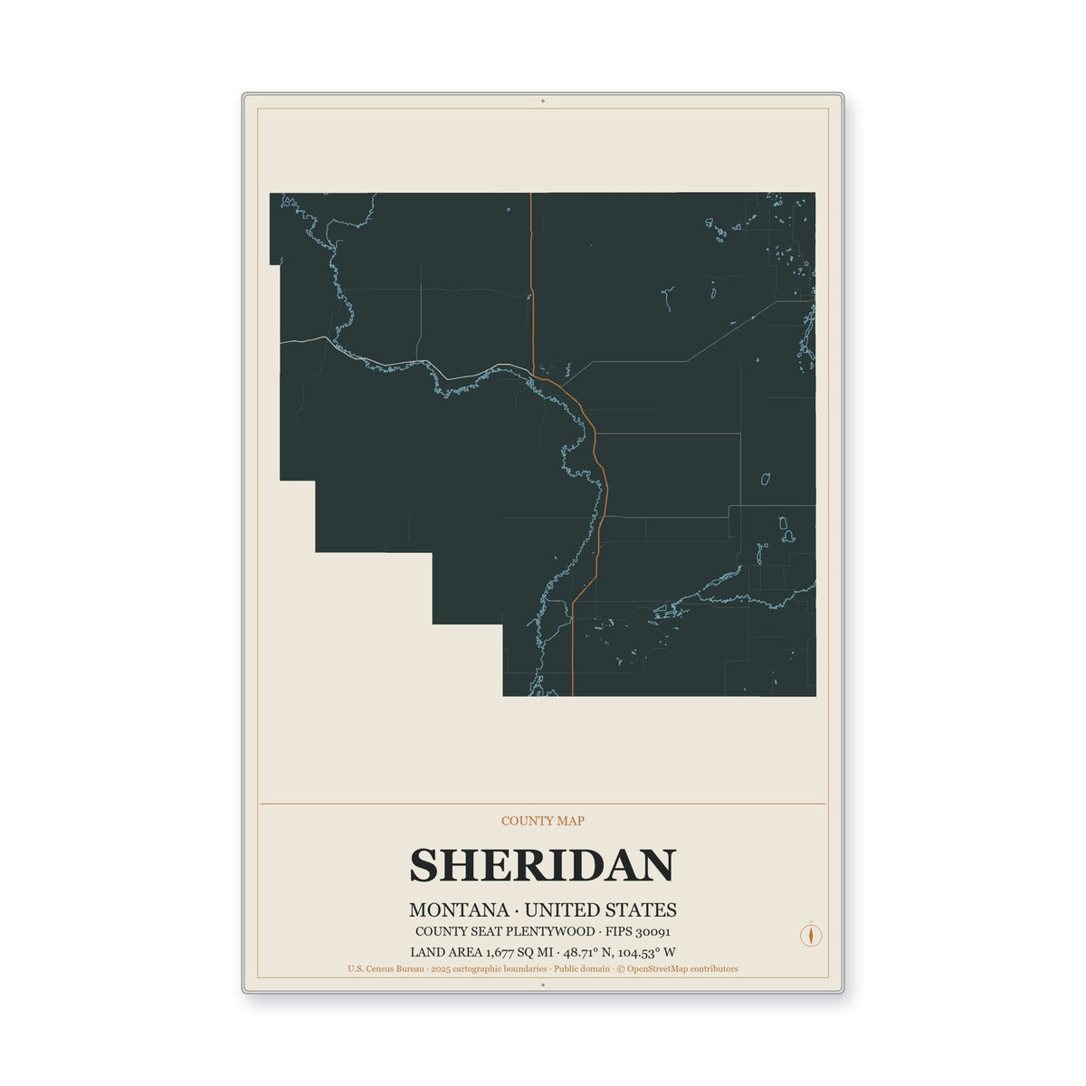 Sheridan County, Montana Map Aluminum Sign in Headline Atlas style