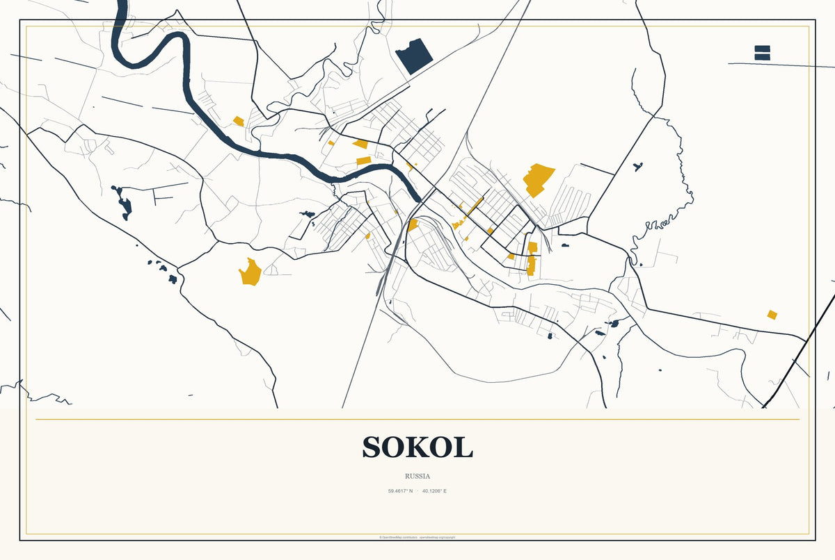 Sokol, Russia City Map Aluminum Sign in Citrine Modern style