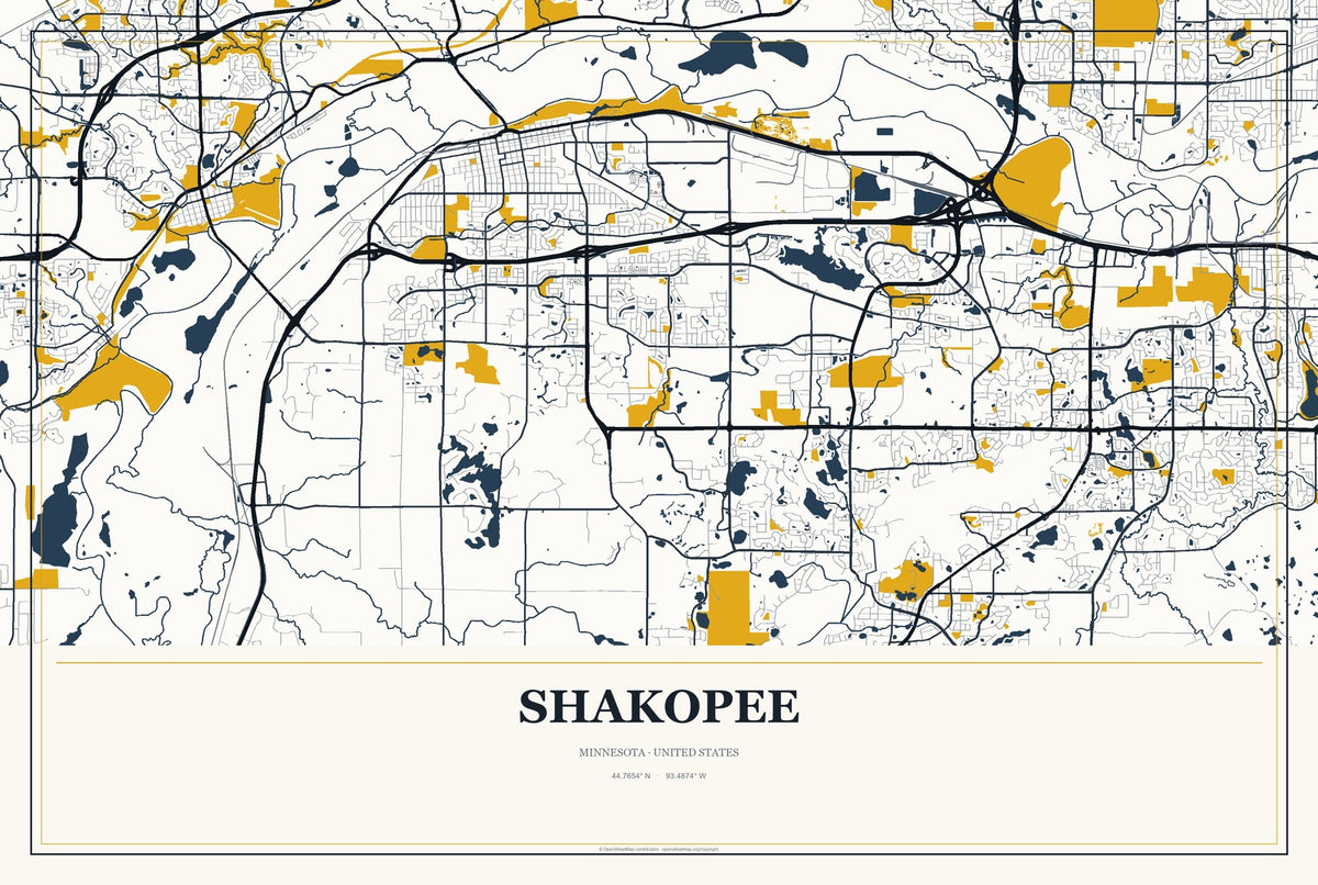 Shakopee, Minnesota City Map Aluminum Sign in Citrine Modern style
