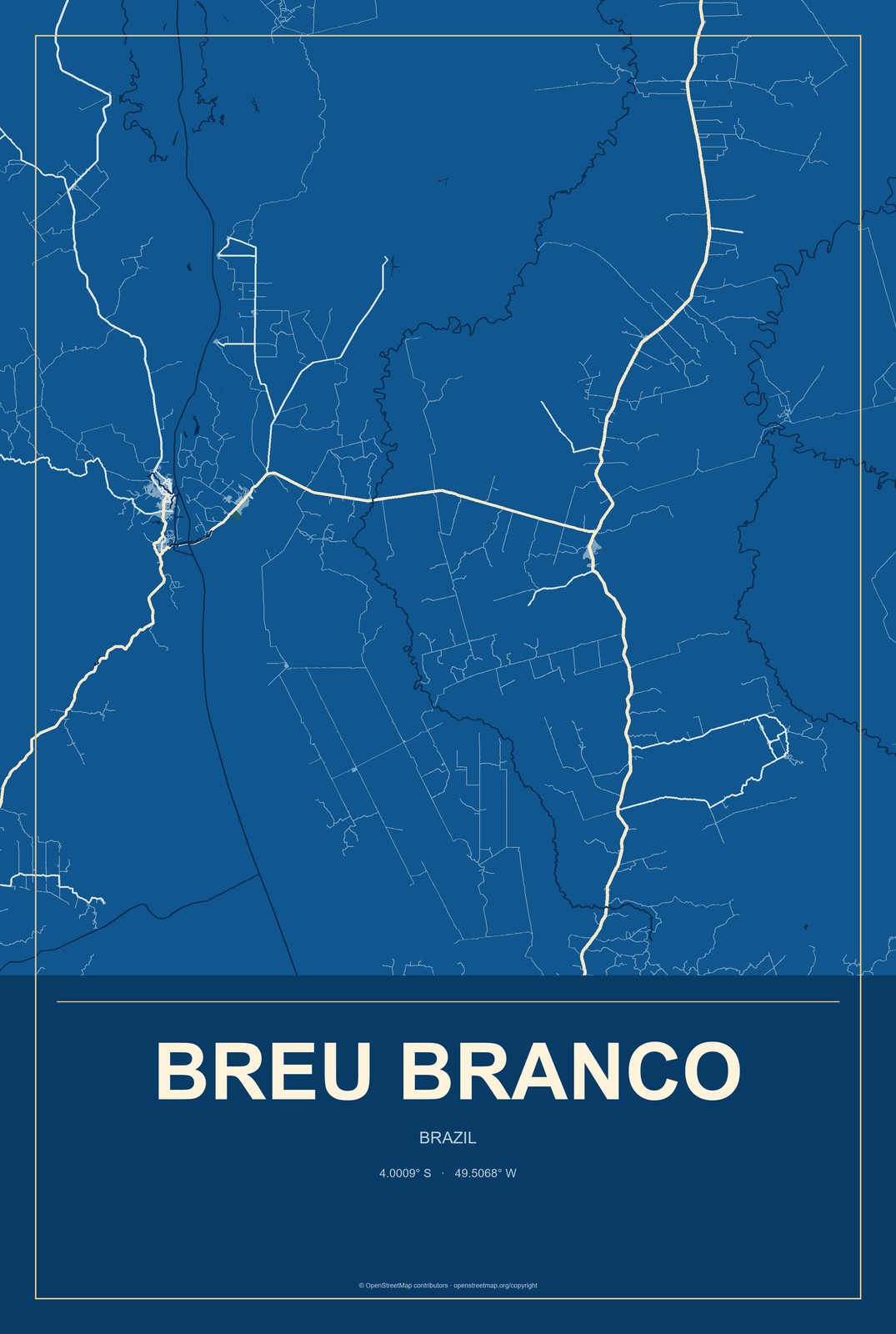 Breu Branco, Brazil City Map Aluminum Sign in Harbor Cobalt style