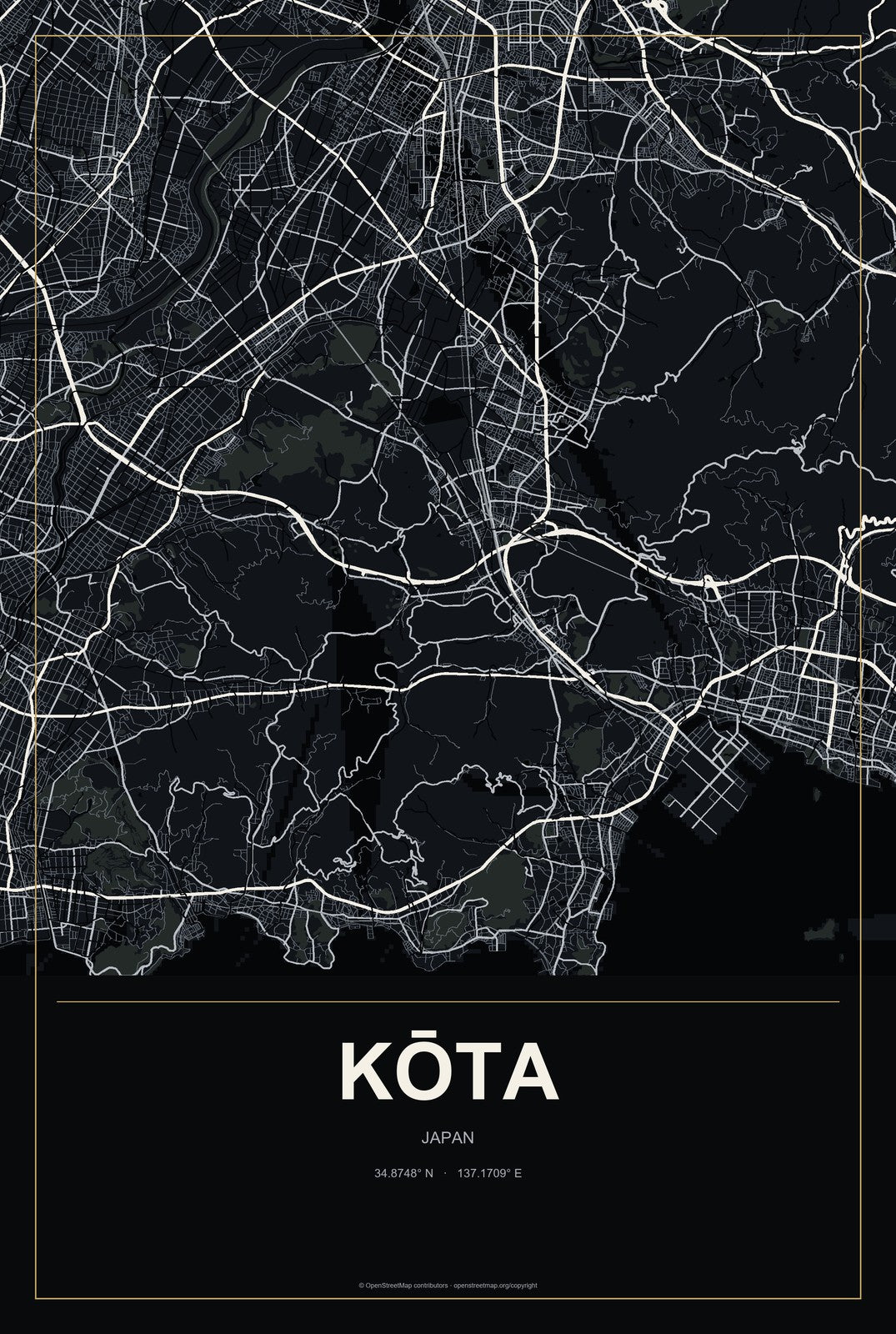 Kōta, Japan City Map Aluminum Sign in Metropolitan Noir style