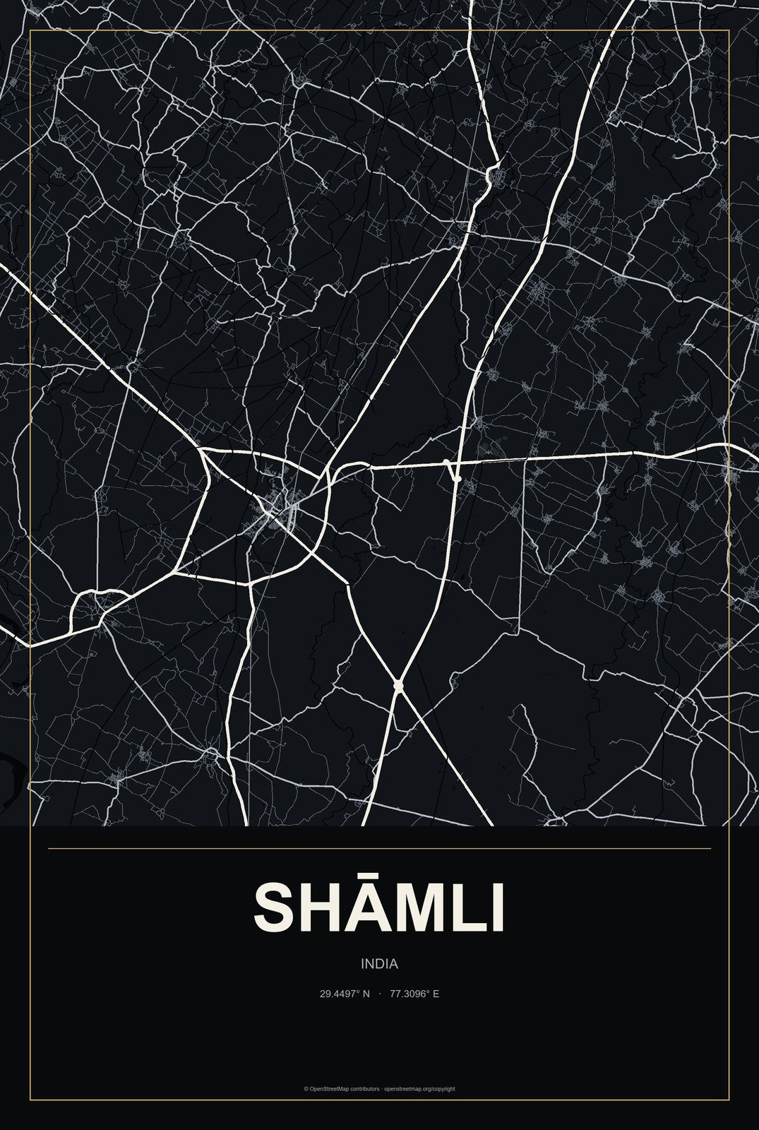 Shāmli, India City Map Aluminum Sign in Metropolitan Noir style