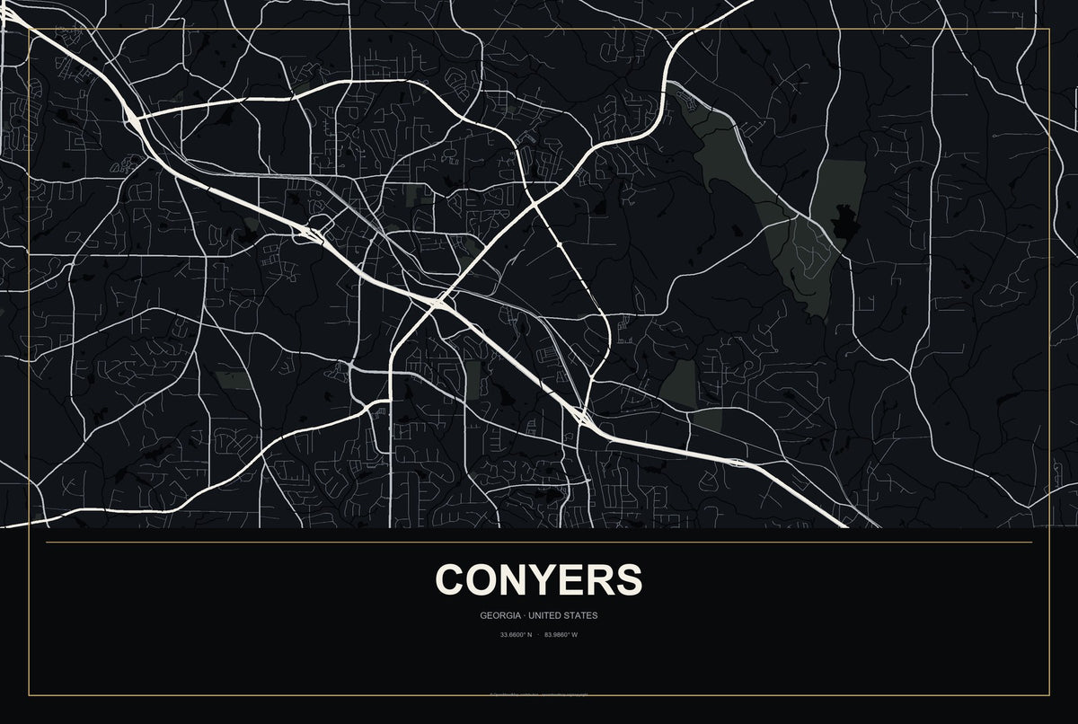 Conyers, Georgia City Map Aluminum Sign in Metropolitan Noir style