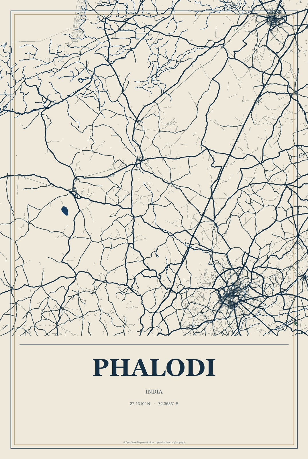Phalodi, India City Map Aluminum Sign in Coastal Cutout style