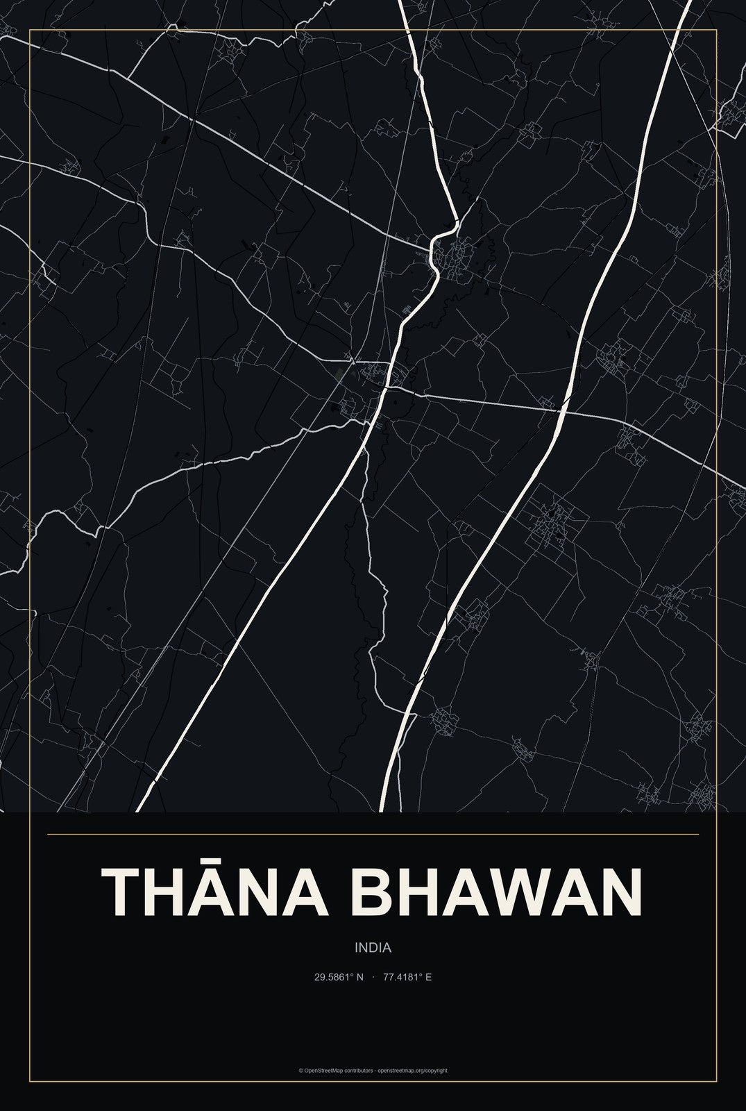 Thāna Bhawan, India City Map Aluminum Sign in Metropolitan Noir style