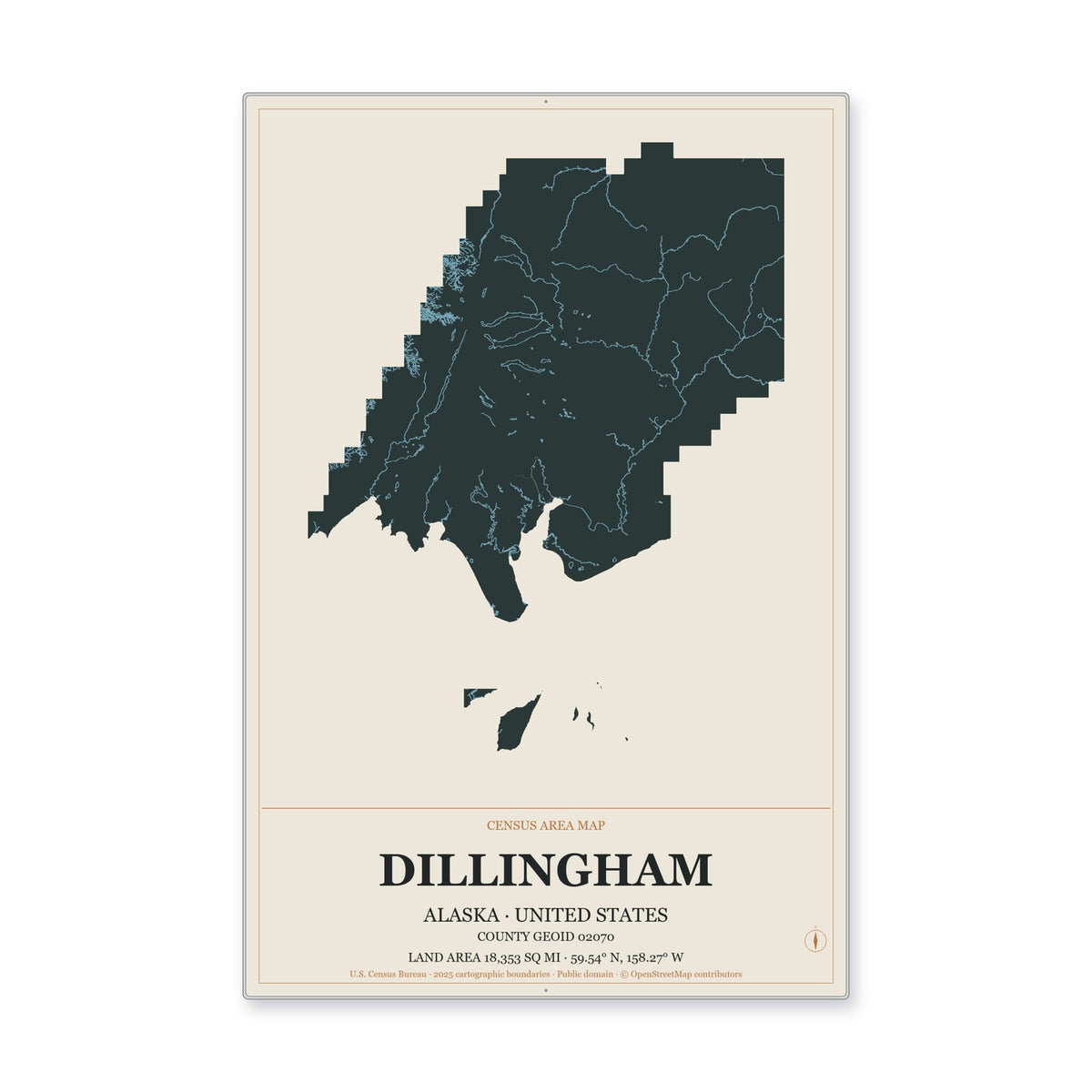Dillingham Census Area, Alaska Map Aluminum Sign in Headline Atlas style