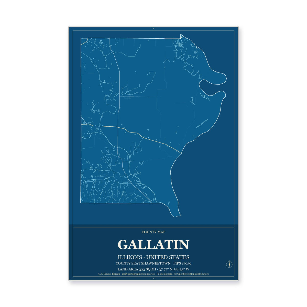 Gallatin County, Illinois Map Aluminum Sign in Harbor Cobalt style