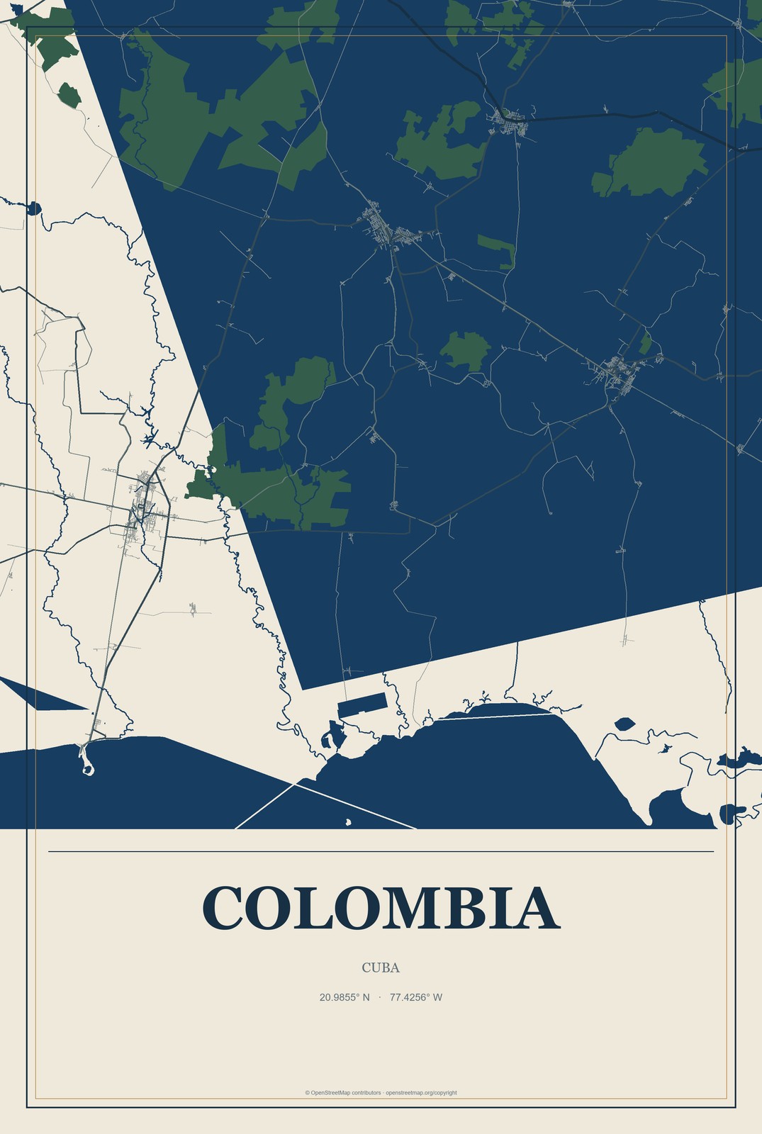 Colombia, Cuba City Map Aluminum Sign in Coastal Cutout style