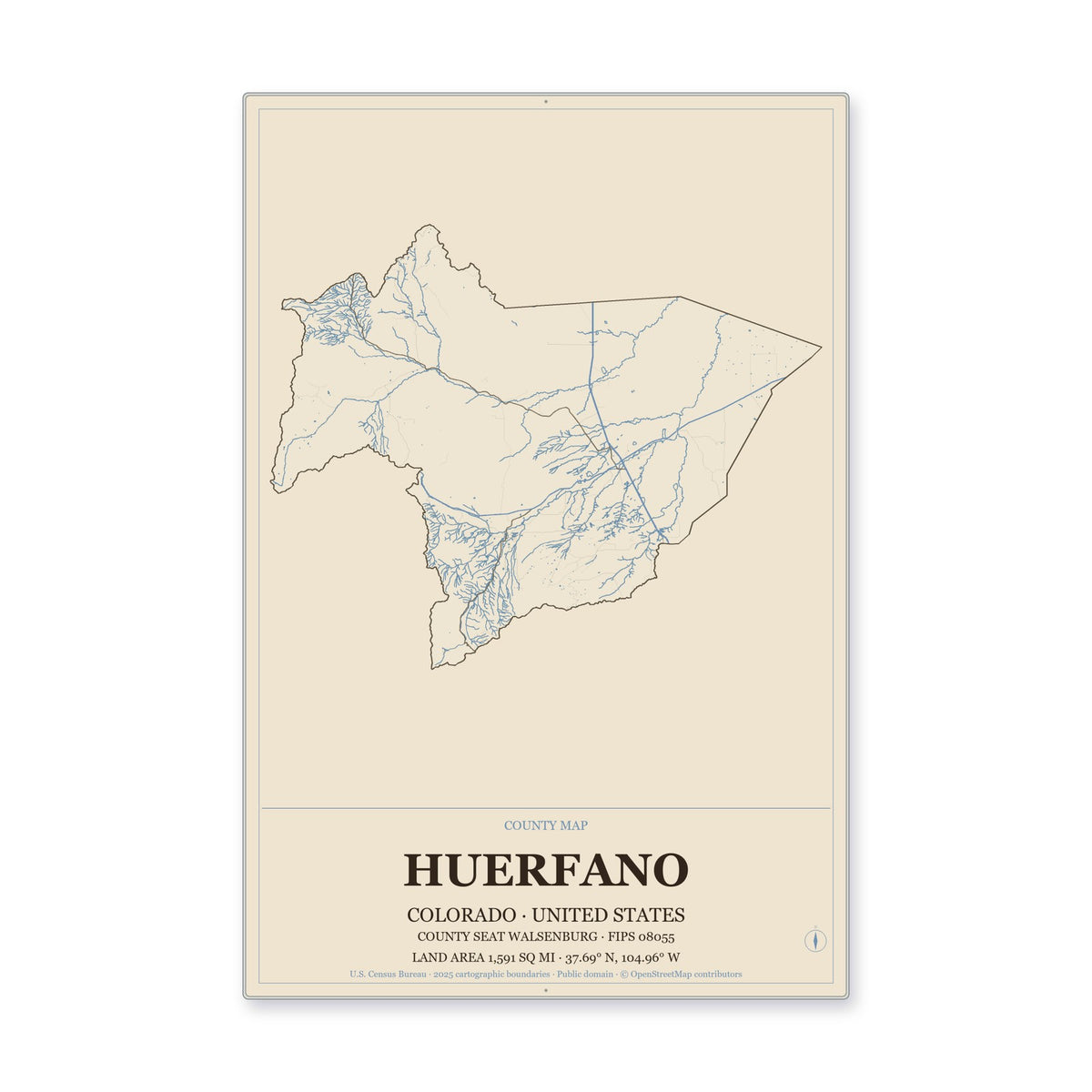 Huerfano County, Colorado Map Aluminum Sign in Heritage Nautical style