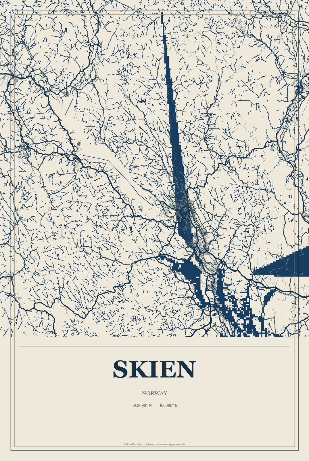 Skien, Norway City Map Aluminum Sign in Coastal Cutout style