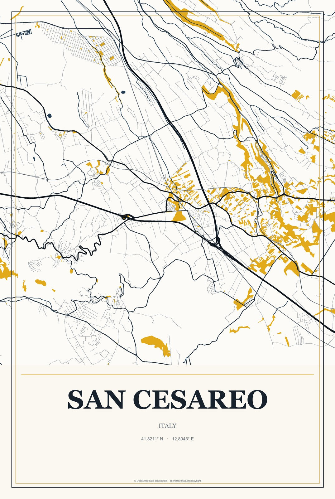 San Cesareo, Italy City Map Aluminum Sign in Citrine Modern style