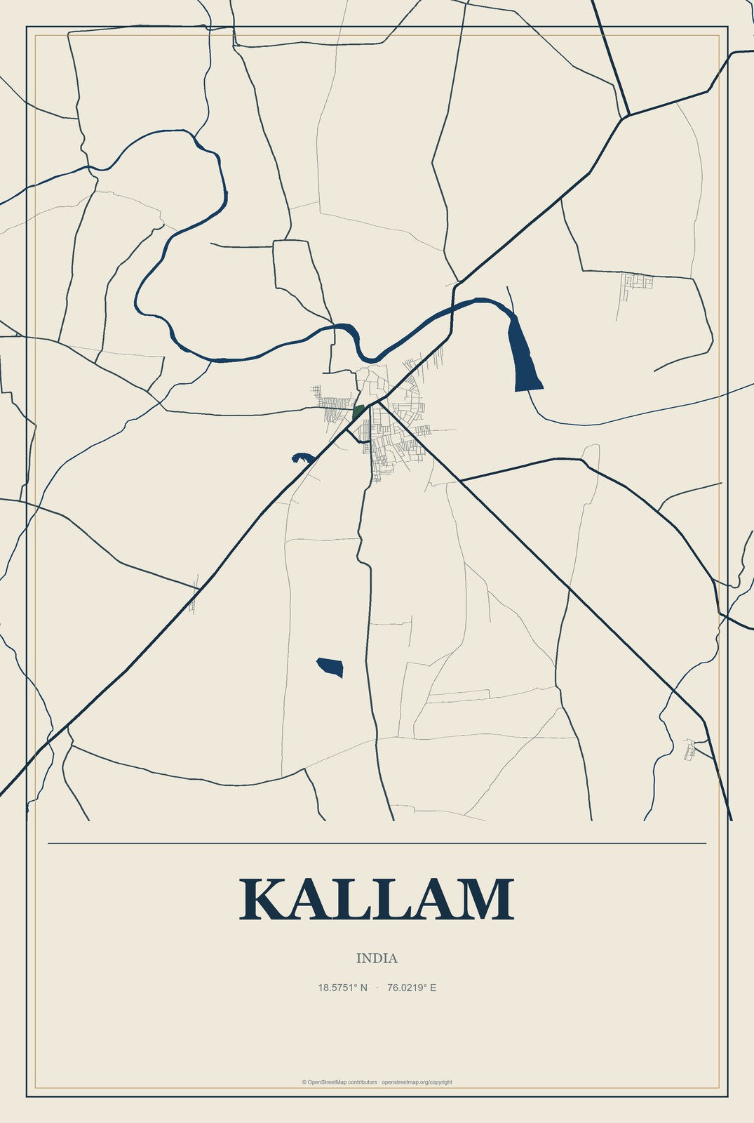 Kallam, India City Map Aluminum Sign in Coastal Cutout style