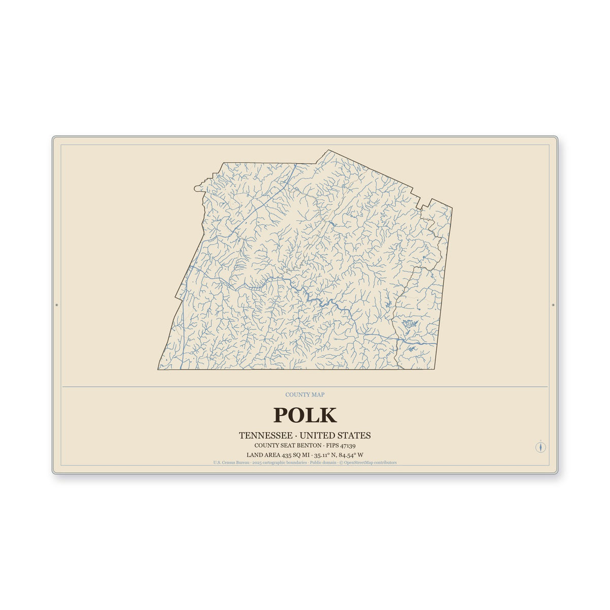 Polk County, Tennessee Map Aluminum Sign in Heritage Nautical style