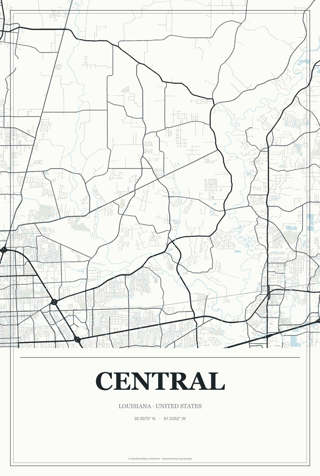 Central, Louisiana City Map Aluminum Sign in Gallery Air style