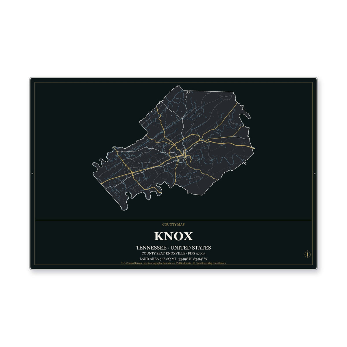 Knox County, Tennessee Map Aluminum Sign in Metropolitan Noir style