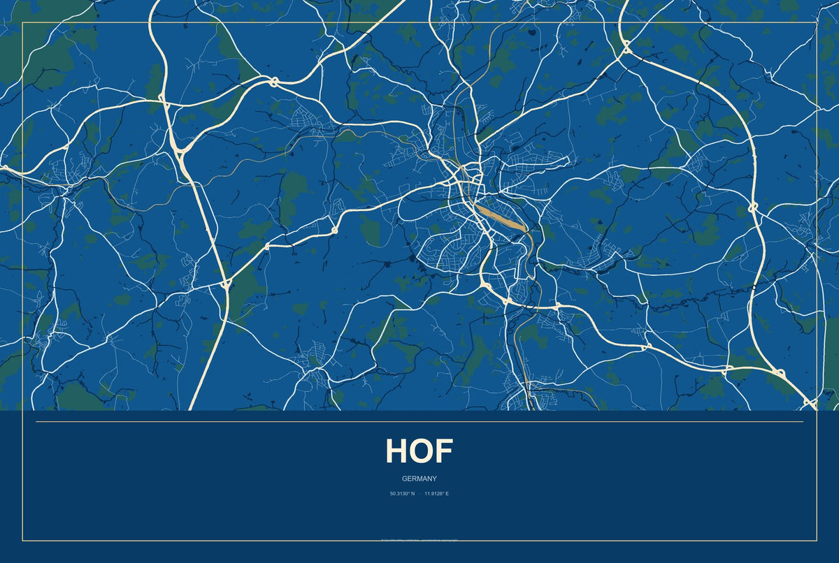 Hof, Germany City Map Aluminum Sign in Harbor Cobalt style