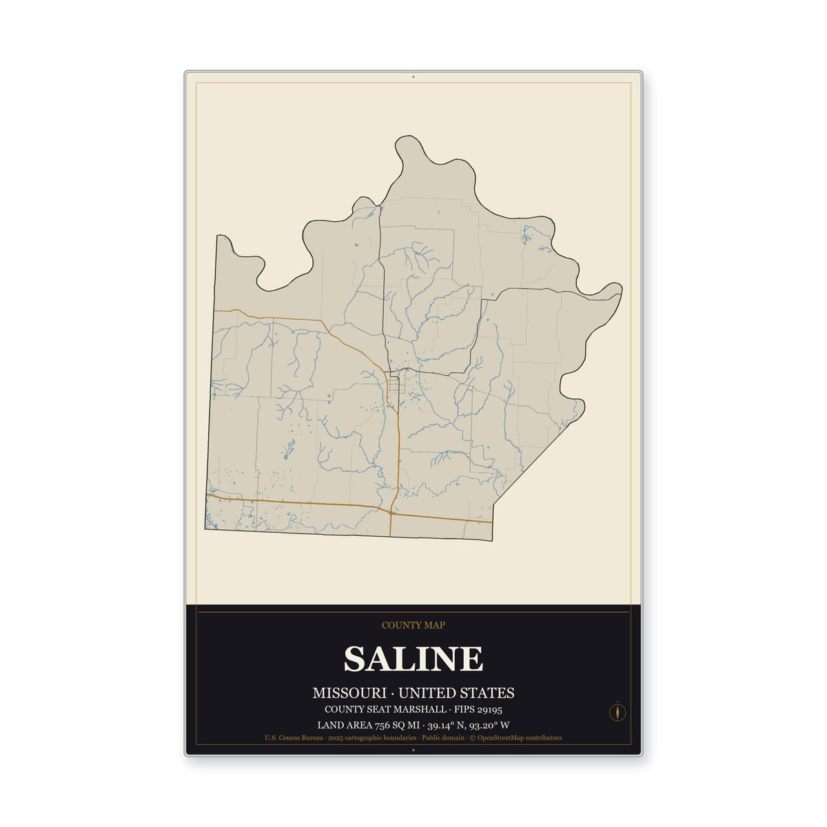 Saline County, Missouri Map Aluminum Sign in Museum Plaque style