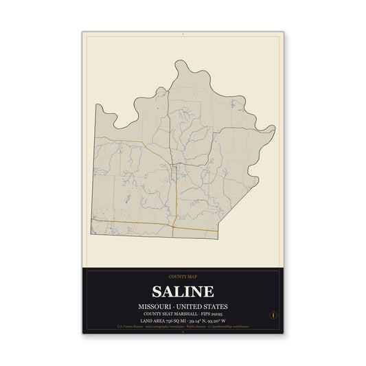 Saline County, Missouri Map Aluminum Sign in Museum Plaque style