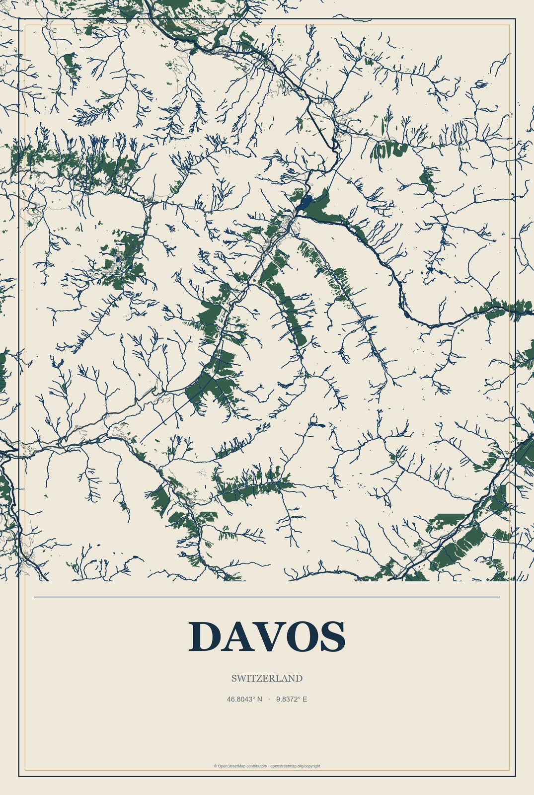 Davos, Switzerland City Map Aluminum Sign in Coastal Cutout style
