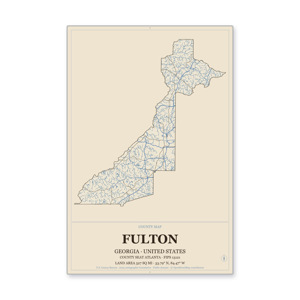 Fulton County, Georgia Map Aluminum Sign in Heritage Nautical style
